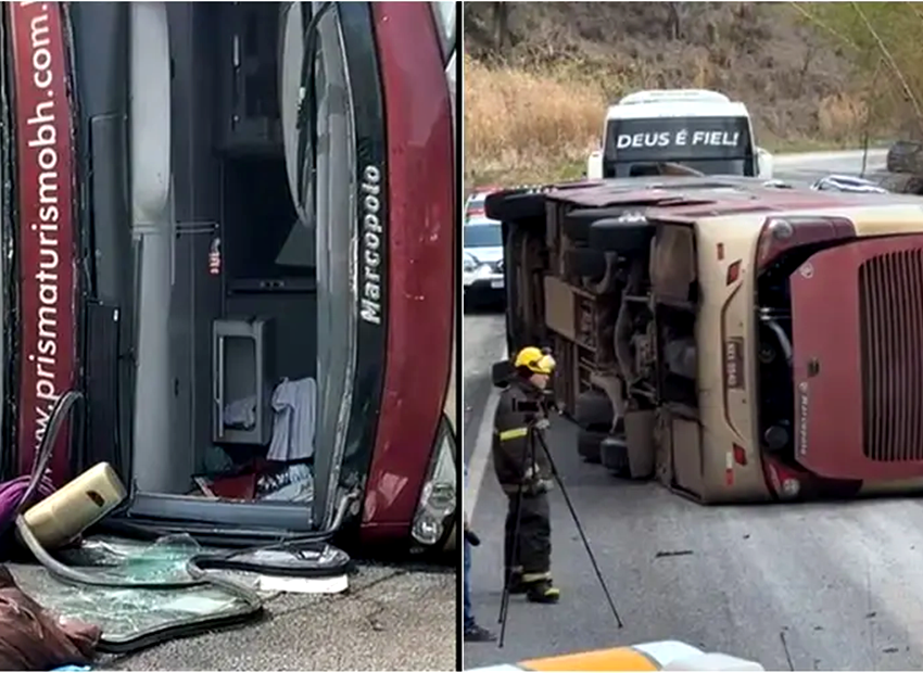 Ônibus que seguia para Porto Seguro capota na BR-418 com 58 estudantes e professores